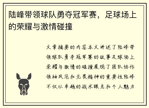 陆峰带领球队勇夺冠军赛，足球场上的荣耀与激情碰撞