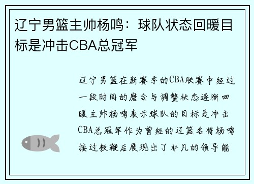 辽宁男篮主帅杨鸣：球队状态回暖目标是冲击CBA总冠军