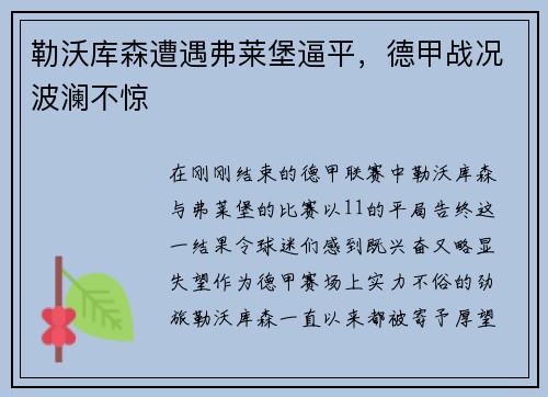 勒沃库森遭遇弗莱堡逼平，德甲战况波澜不惊