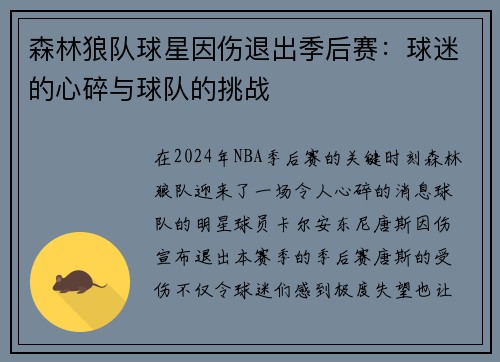森林狼队球星因伤退出季后赛：球迷的心碎与球队的挑战