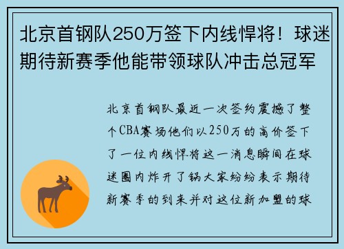 北京首钢队250万签下内线悍将！球迷期待新赛季他能带领球队冲击总冠军！
