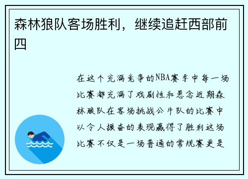 森林狼队客场胜利，继续追赶西部前四