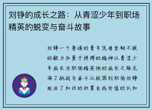 刘铮的成长之路：从青涩少年到职场精英的蜕变与奋斗故事