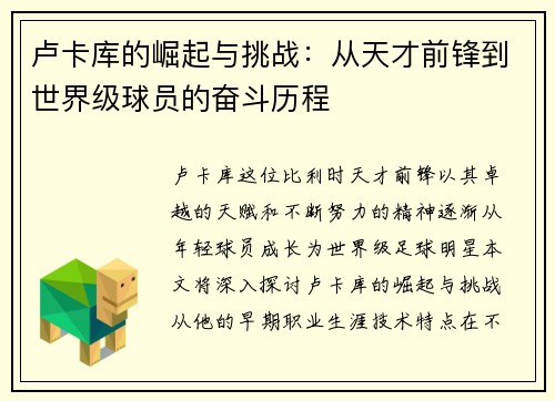 卢卡库的崛起与挑战：从天才前锋到世界级球员的奋斗历程