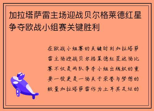 加拉塔萨雷主场迎战贝尔格莱德红星争夺欧战小组赛关键胜利