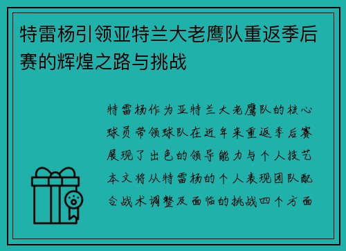 特雷杨引领亚特兰大老鹰队重返季后赛的辉煌之路与挑战