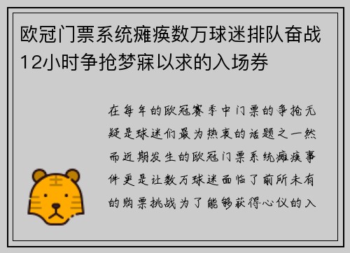 欧冠门票系统瘫痪数万球迷排队奋战12小时争抢梦寐以求的入场券
