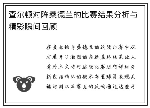 查尔顿对阵桑德兰的比赛结果分析与精彩瞬间回顾