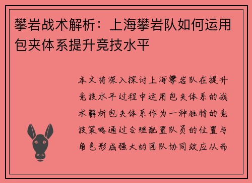 攀岩战术解析：上海攀岩队如何运用包夹体系提升竞技水平