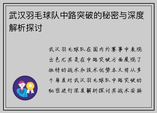 武汉羽毛球队中路突破的秘密与深度解析探讨