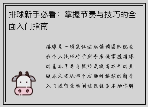 排球新手必看：掌握节奏与技巧的全面入门指南