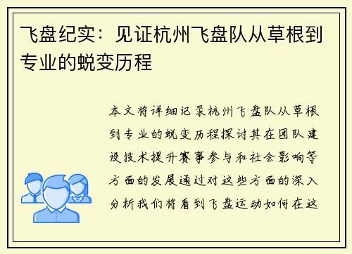 飞盘纪实：见证杭州飞盘队从草根到专业的蜕变历程